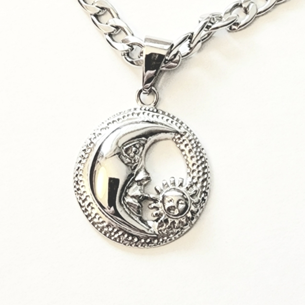 Stainless Steel 3D Moon and Sun Pendant with Cuban Link Chain